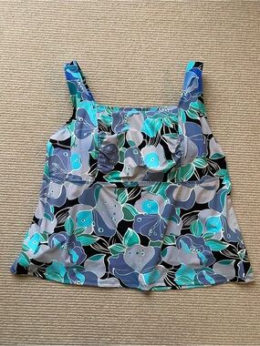 Lands' End Tankini Top Swimsuit Underwire Black Teal Turquoise Size 18W